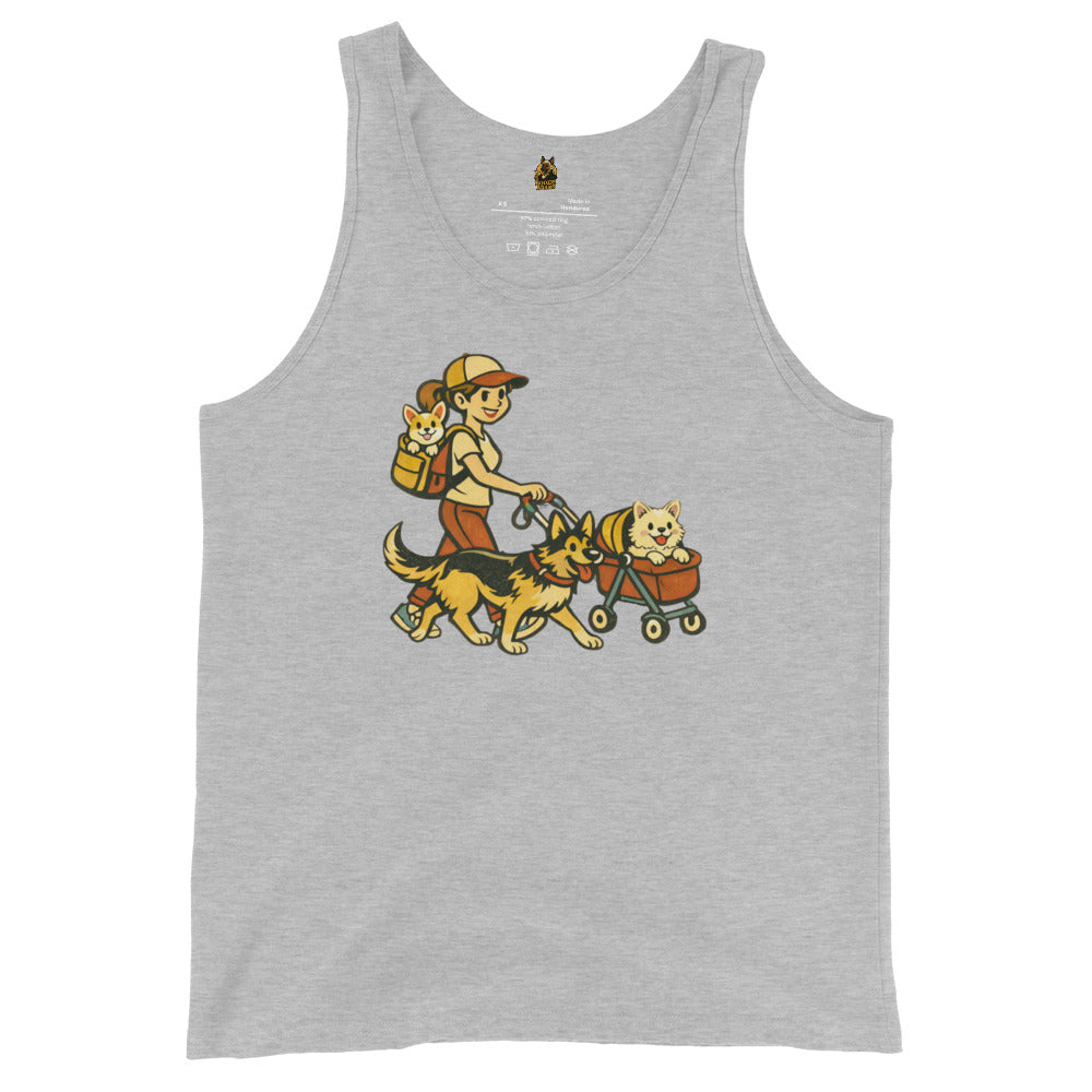 Heather grey unisex tank top with a graphic of a mom pushing a dog stroller and walking dogs – Boozie Adams