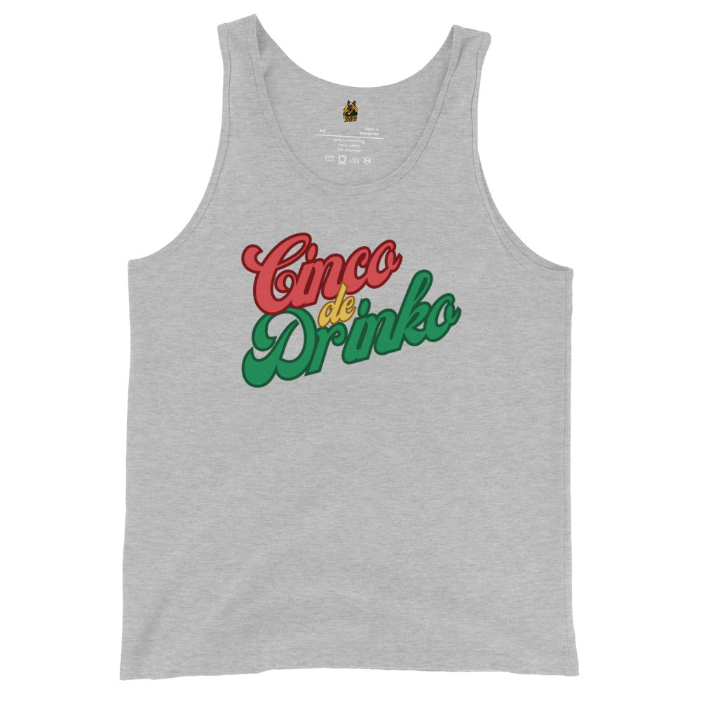 Heather grey unisex tank top with 'Cinco de Drinko' text in red and green – Boozie Adams