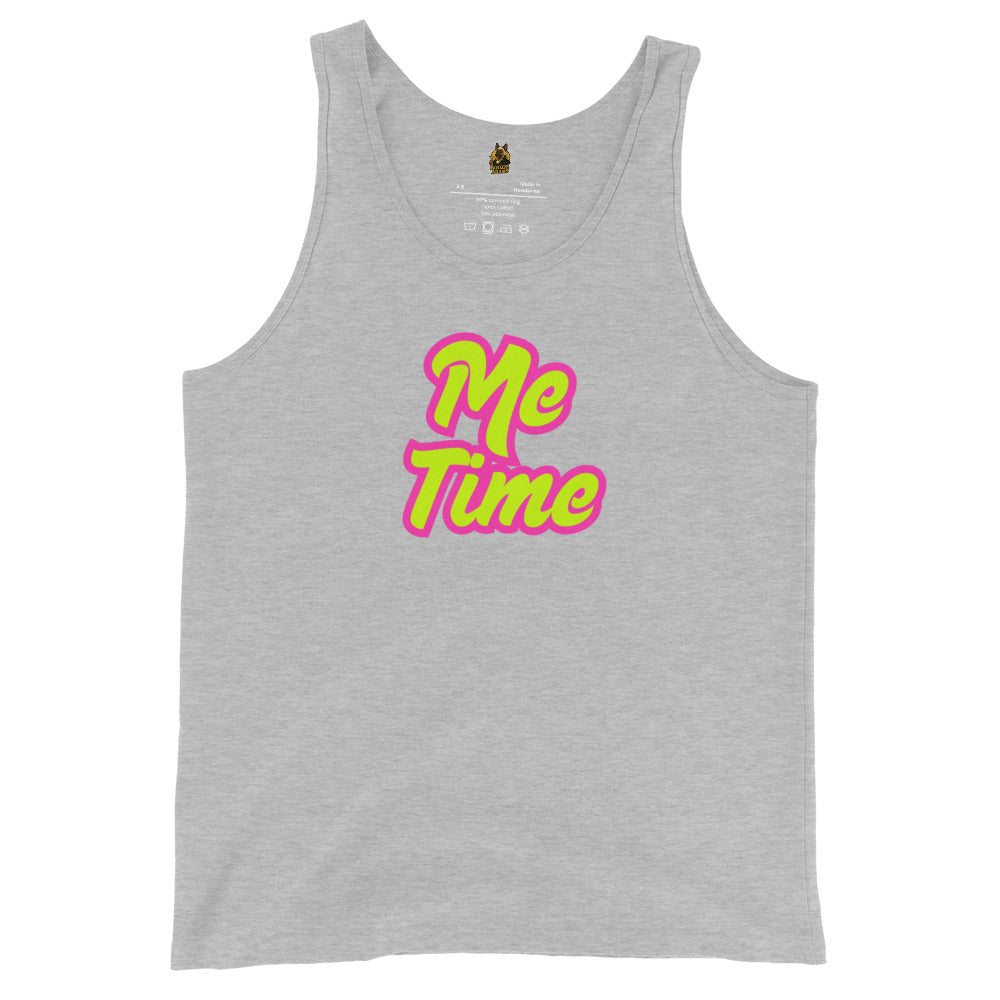 Heather grey unisex tank top with 'Me Time' text in pink and yellow – Boozie Adams