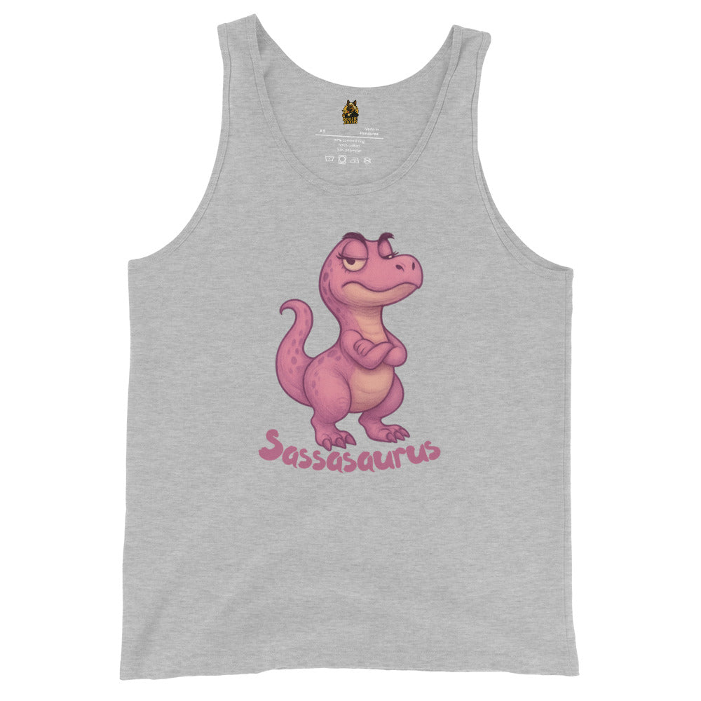 Heather grey unisex tank top with a pink dinosaur graphic and 'Sasasaurus' text – Boozie Adams