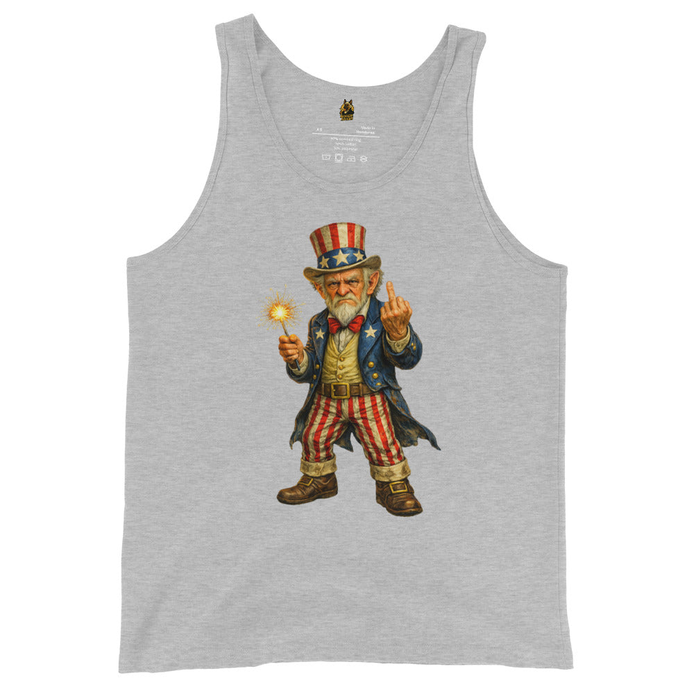 Heather grey unisex tank top with a graphic of Uncle Sam holding a sparkler and flipping the bird – Boozie Adams