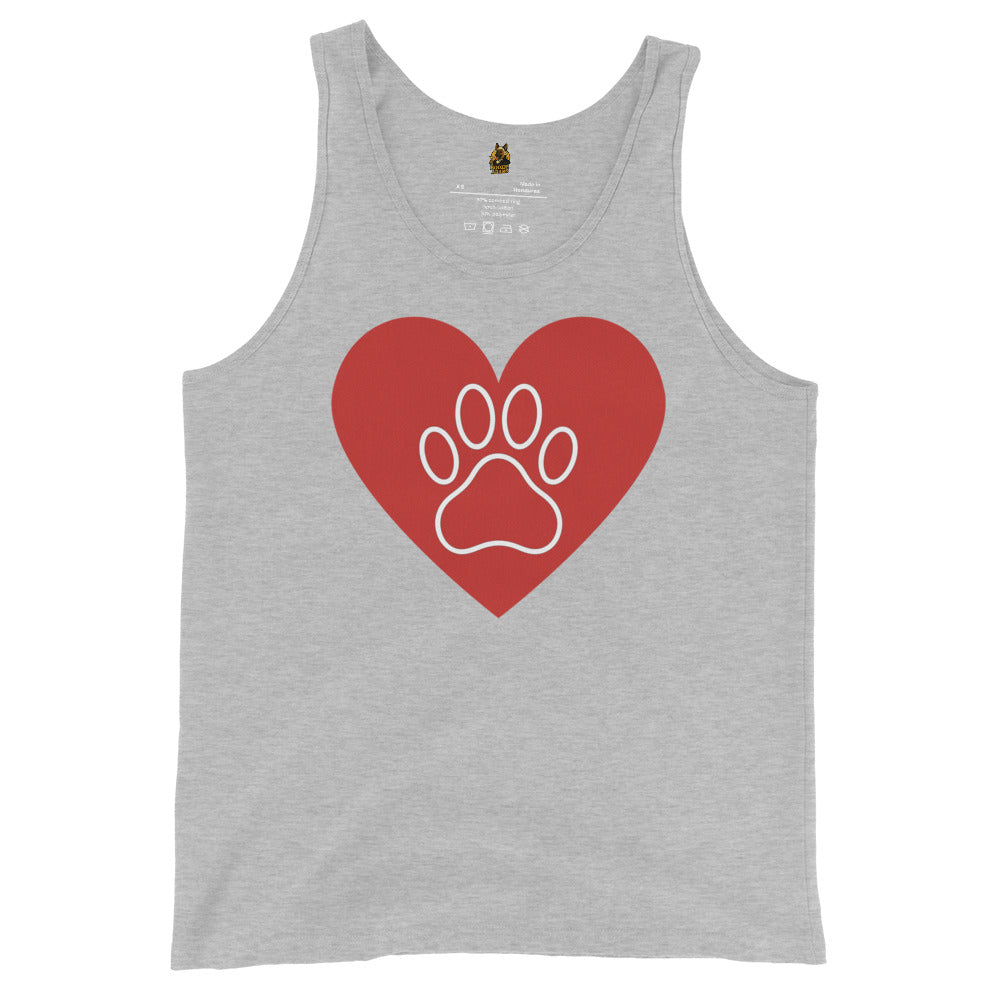 Grey unisex tank top with a red heart and white paw print design  – Boozie Adams
