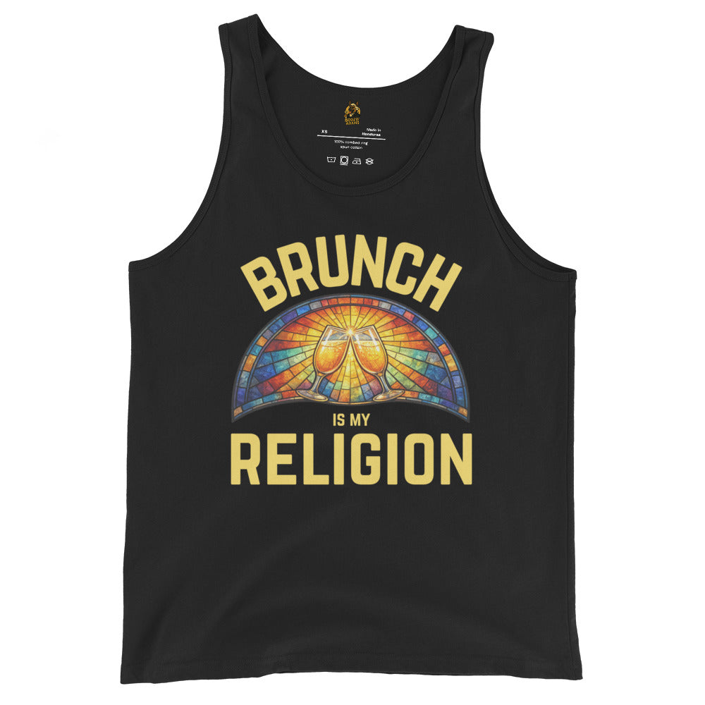 Black unisex tank top with 'Brunch is my Religion' graphic design – Boozie Adams