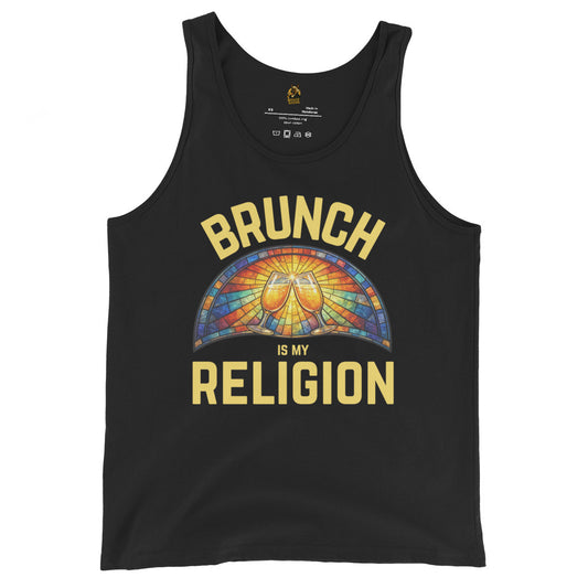 Black unisex tank top with 'Brunch is my Religion' graphic design – Boozie Adams