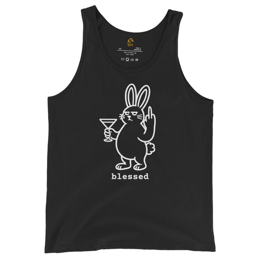 Black unisex tank top with a white graphic of a rabbit holding a martini glass while flipping the bird and the word 'blessed' – Boozie Adams