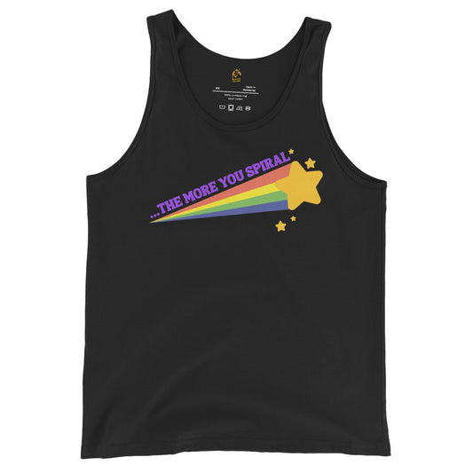 Black unisex tank top with rainbow graphic and 'The More You Spiral' Text - Boozie Adams