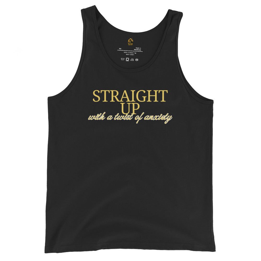 Black unisex tank top with yellow text 'straight up with a twist of anxiety' – Boozie Adams
