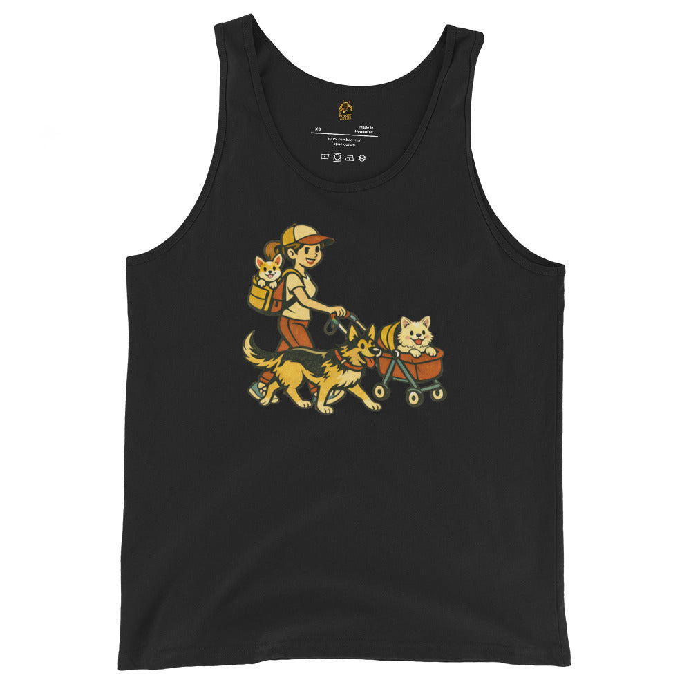 Black unisex tank top with a graphic of a mom pushing a dog stroller and walking dogs – Boozie Adams