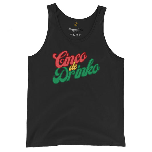 Black unisex tank top with 'Cinco de Drinko' text in red and green – Boozie Adams