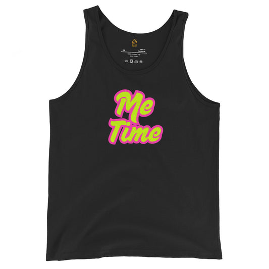 Black unisex tank top with 'Me Time' text in pink and yellow – Boozie Adams