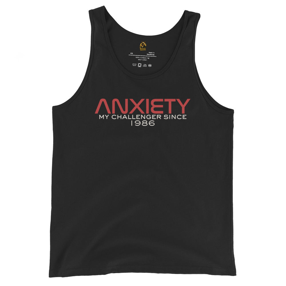 Black unisex tank top with red and white text 'Anxiety My Challenger Since 1986' – Boozie Adams