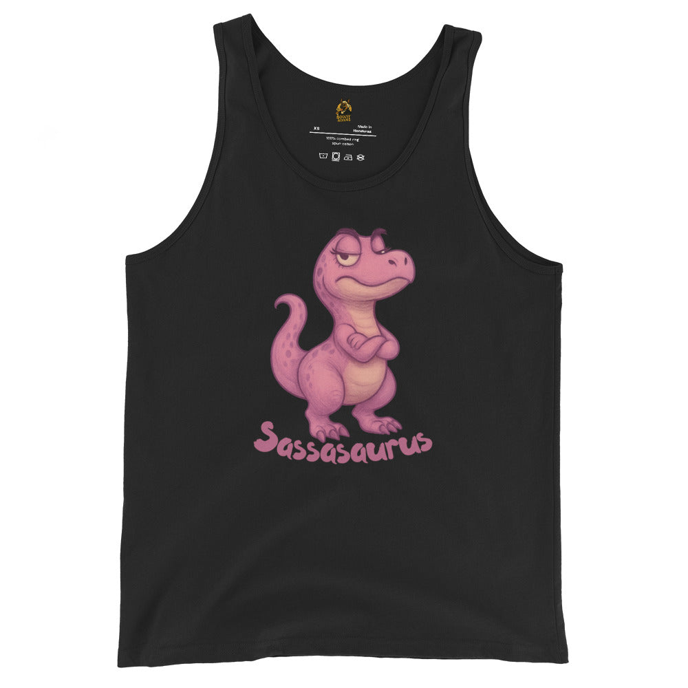 Black unisex tank top with a pink dinosaur graphic and 'Sasasaurus' text – Boozie Adams