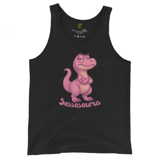 Black unisex tank top with a pink dinosaur graphic and 'Sasasaurus' text – Boozie Adams