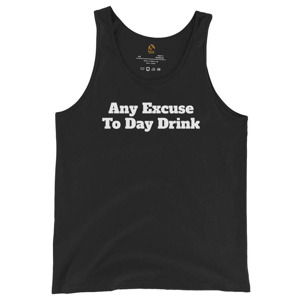 Black unisex tank top with white text 'Any Excuse To Day Drink'– Boozie Adams