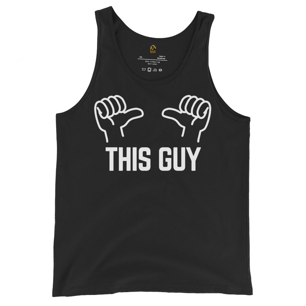 Black unisex tank top with white thumb graphic and 'This Guy' text – Boozie Adams