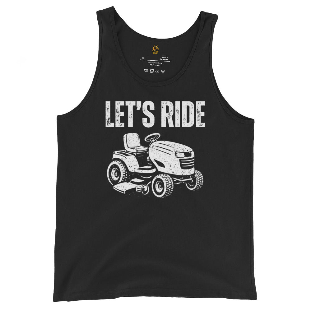 Black unisex tank top with white graphic of a lawn mower and 'Let's Ride' text – Boozie Adams