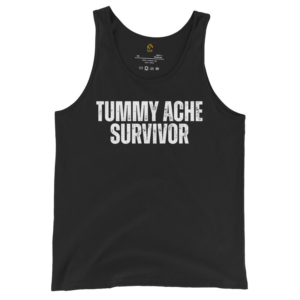 Black unisex tank top with 'TUMMY ACHE SURVIVOR' text – Boozie Adams