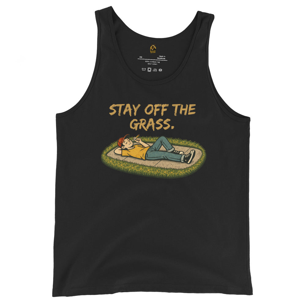 Black unisex tank top with a graphic of a person lying on the sidewalk smoking a joint and 'Stay Off The Grass' text – Boozie Adams