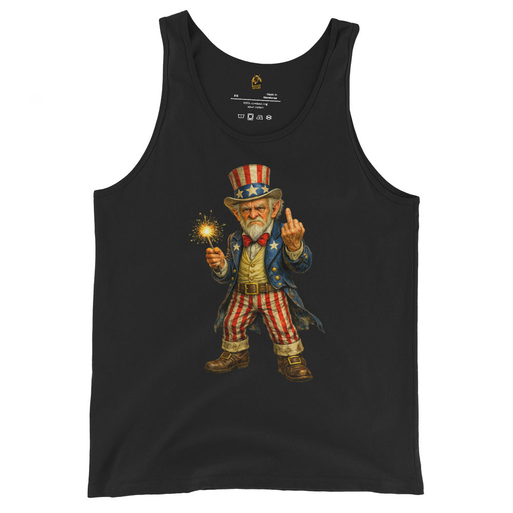 Black unisex tank top with a graphic of Uncle Sam holding a sparkler and flipping the bird – Boozie Adams