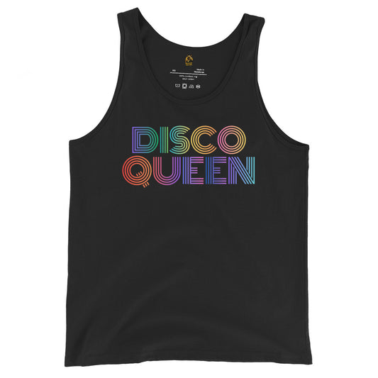 Black unisex tank top with 'DISCO QUEEN' in colorful letters – Boozie Adams