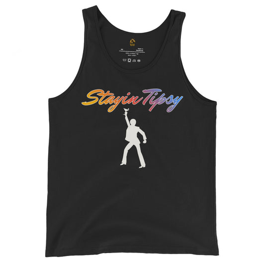 Black unisex tank top with 'Stayin Tipsy' text and silhouette design – Boozie Adams