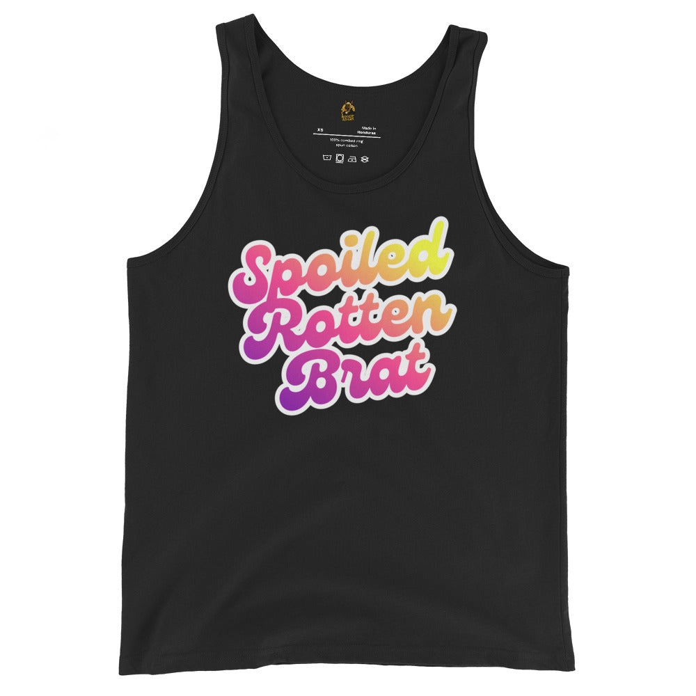 Black unisex tank top with colorful text 'Spoiled Rotten Brat' – Boozie Adams