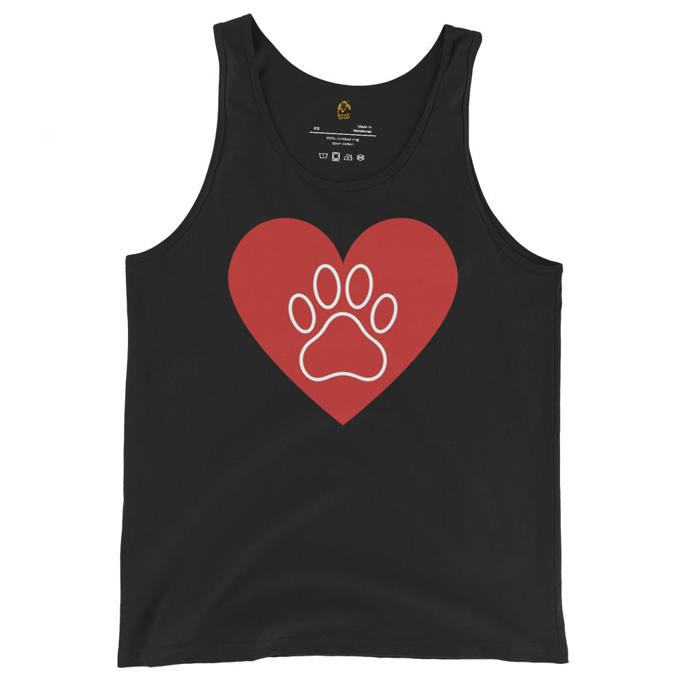 Black unisex tank top with a red heart and white paw print design  – Boozie Adams