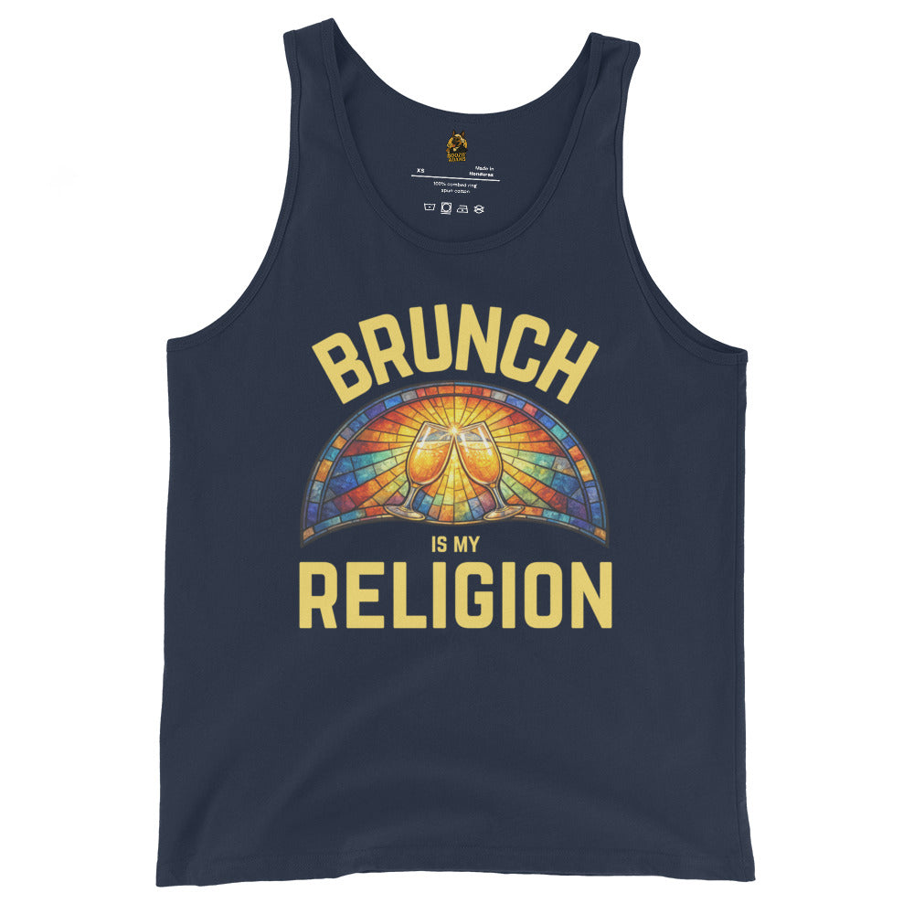 Navy unisex tank top with 'Brunch is my Religion' graphic design – Boozie Adams