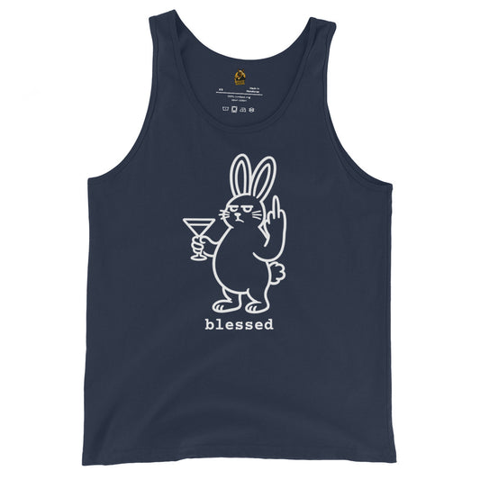 Navy unisex tank top with a white graphic of a rabbit holding a martini glass while flipping the bird and the word 'blessed' – Boozie Adams