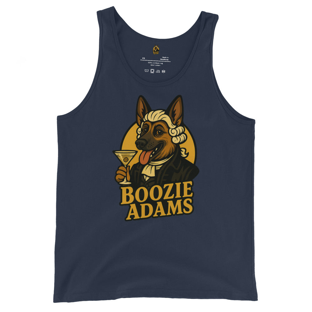 Navy unisex tank top with a graphic of a dog holding a martini glass and the text 'Boozie Adams' – Boozie Adams