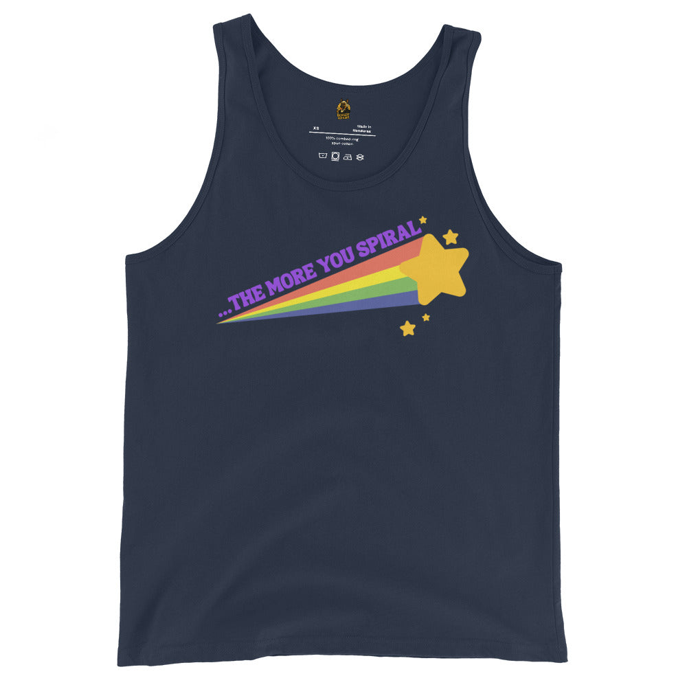 Navy unisex tank top with rainbow graphic and 'The More You Spiral' Text - Boozie Adams