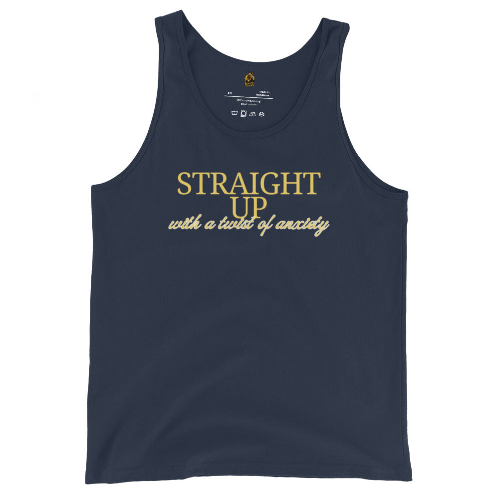 Navy unisex tank top with yellow text 'straight up with a twist of anxiety' – Boozie Adams