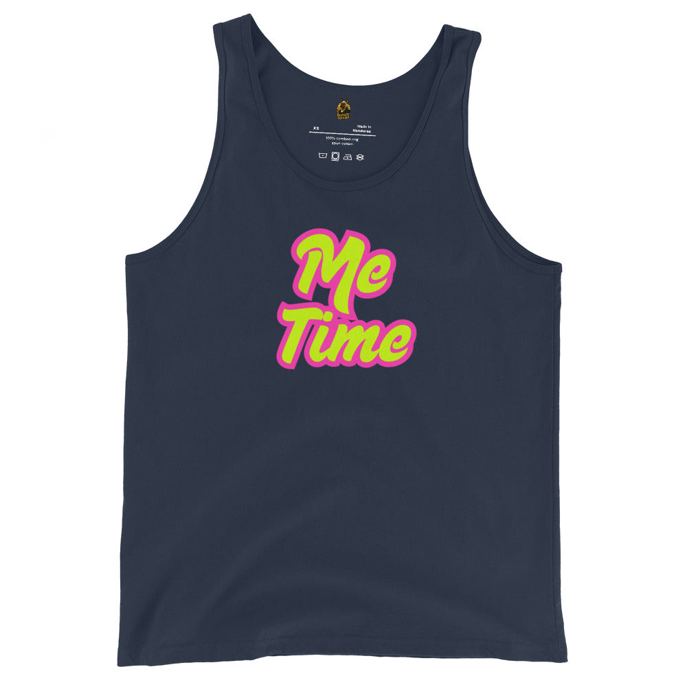 Navy unisex tank top with 'Me Time' text in pink and yellow – Boozie Adams