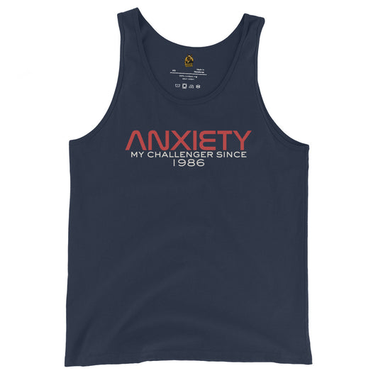 Navy unisex tank top with red and white text 'Anxiety My Challenger Since 1986' – Boozie Adams