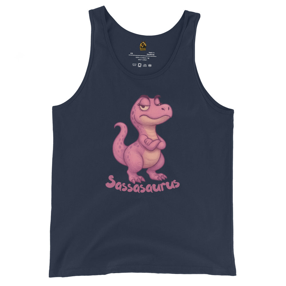 Navy unisex tank top with a pink dinosaur graphic and 'Sasasaurus' text – Boozie Adams