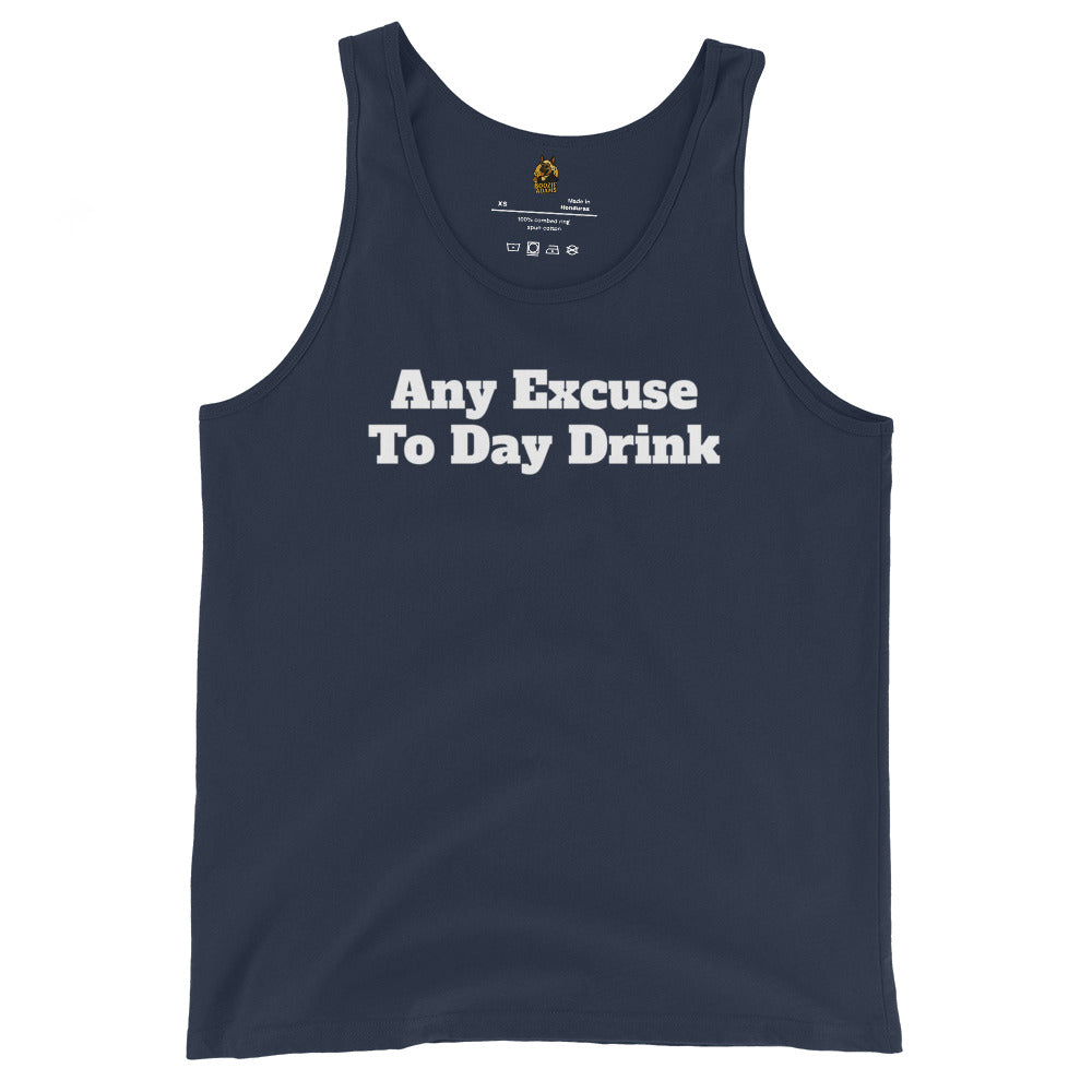 Navy unisex tank top with white text 'Any Excuse To Day Drink'– Boozie Adams
