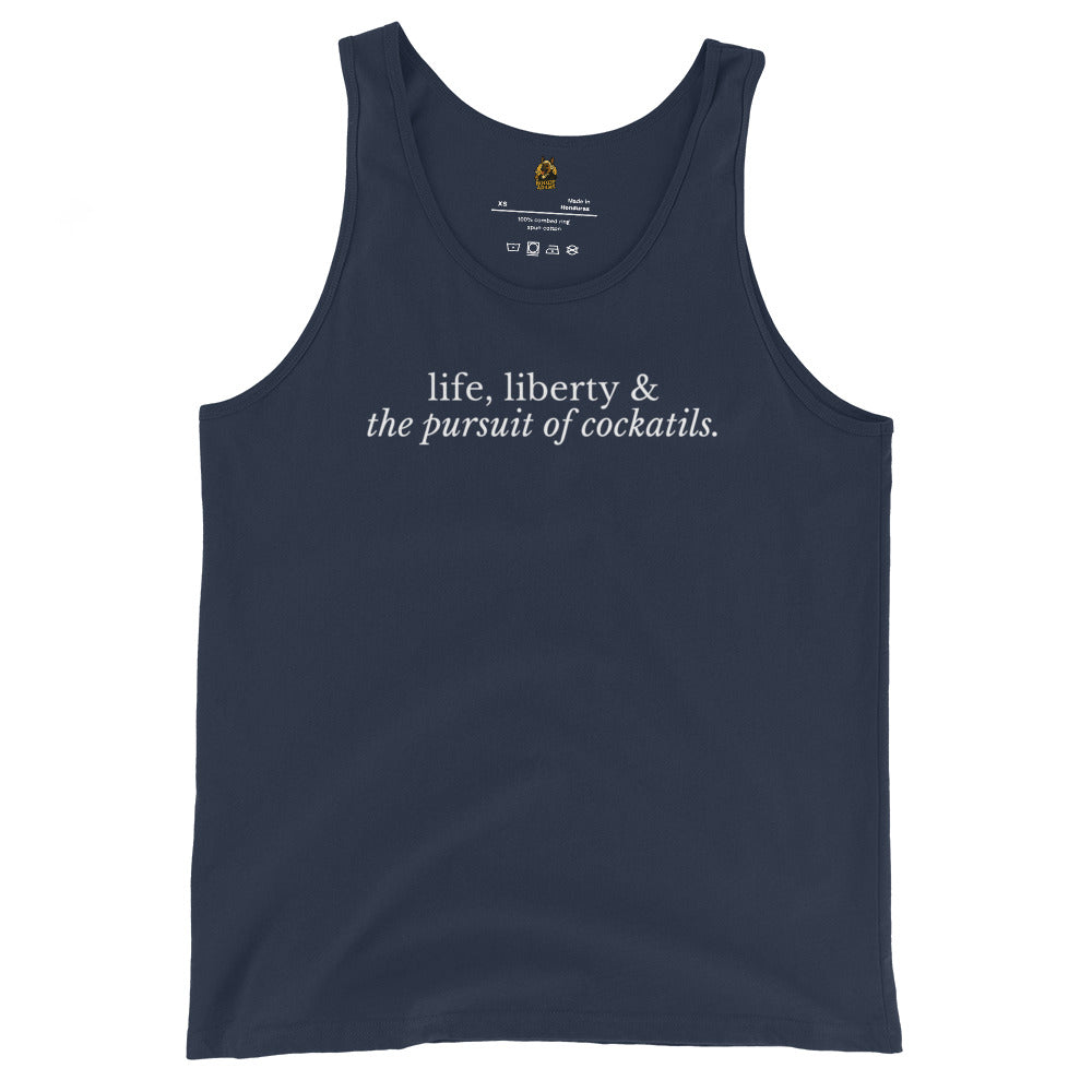 Navy unisex tank top with 'life, liberty & the pursuit of cocktails' text – Boozie Adams