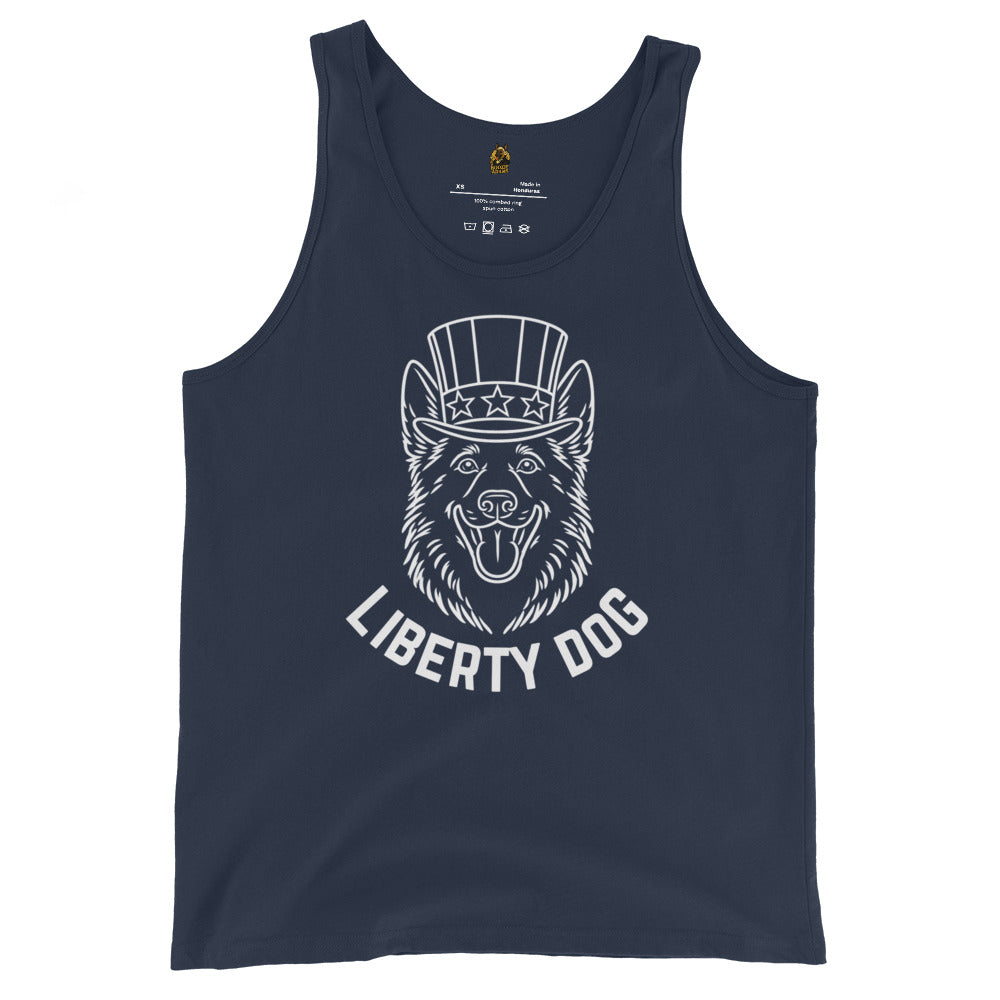 Navy unisex tank top with 'Liberty Dog' graphic design – Boozie Adams