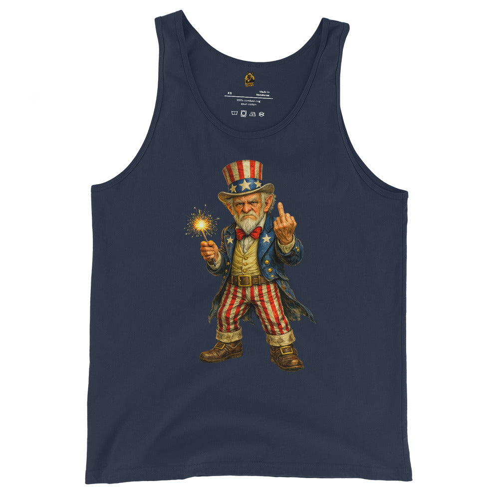 Blue unisex tank top with a graphic of Uncle Sam holding a sparkler and flipping the bird – Boozie Adams