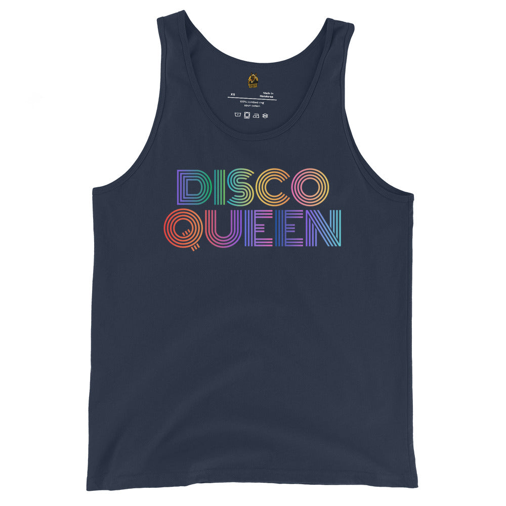 Navy unisex tank top with 'DISCO QUEEN' in colorful letters – Boozie Adams