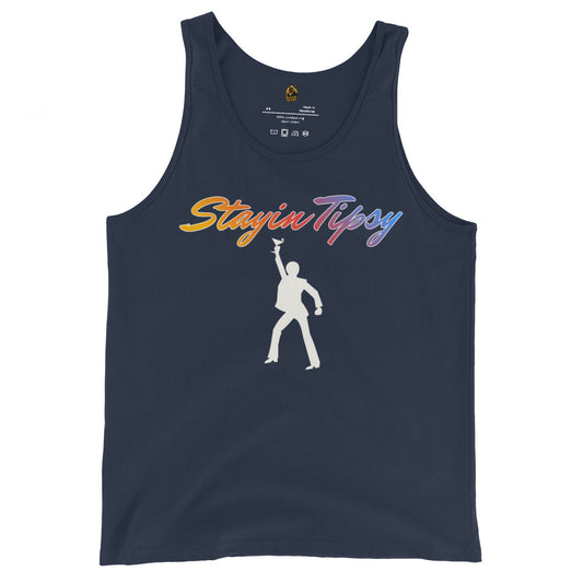 Navy unisex tank top with 'Stayin Tipsy' text and silhouette design – Boozie Adams
