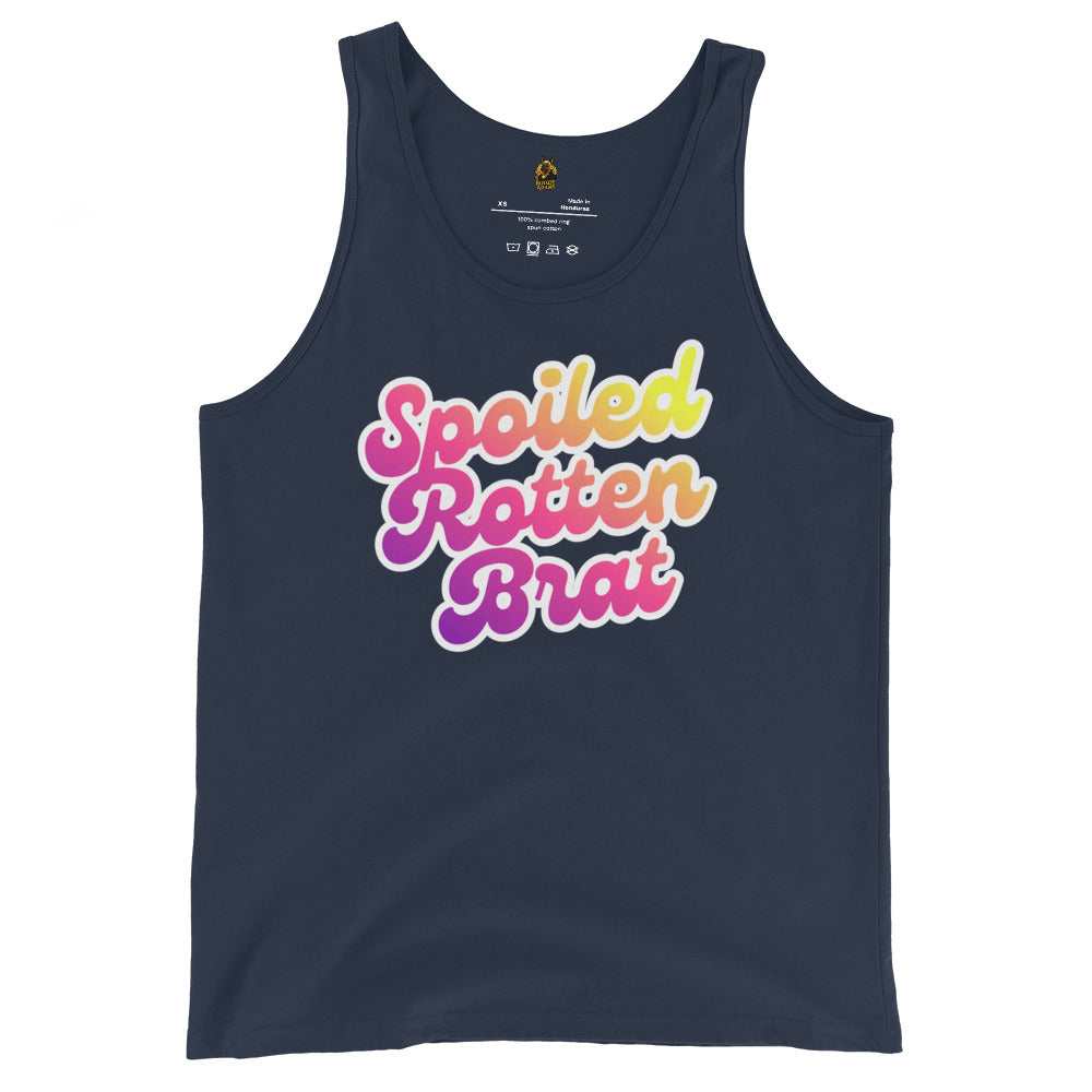 Navy unisex tank top with colorful text 'Spoiled Rotten Brat' – Boozie Adams