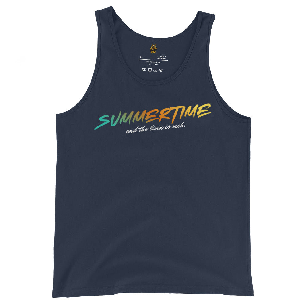 Navy tank top with colorful 'Summertime and the livin is meh' text – Boozie Adams
