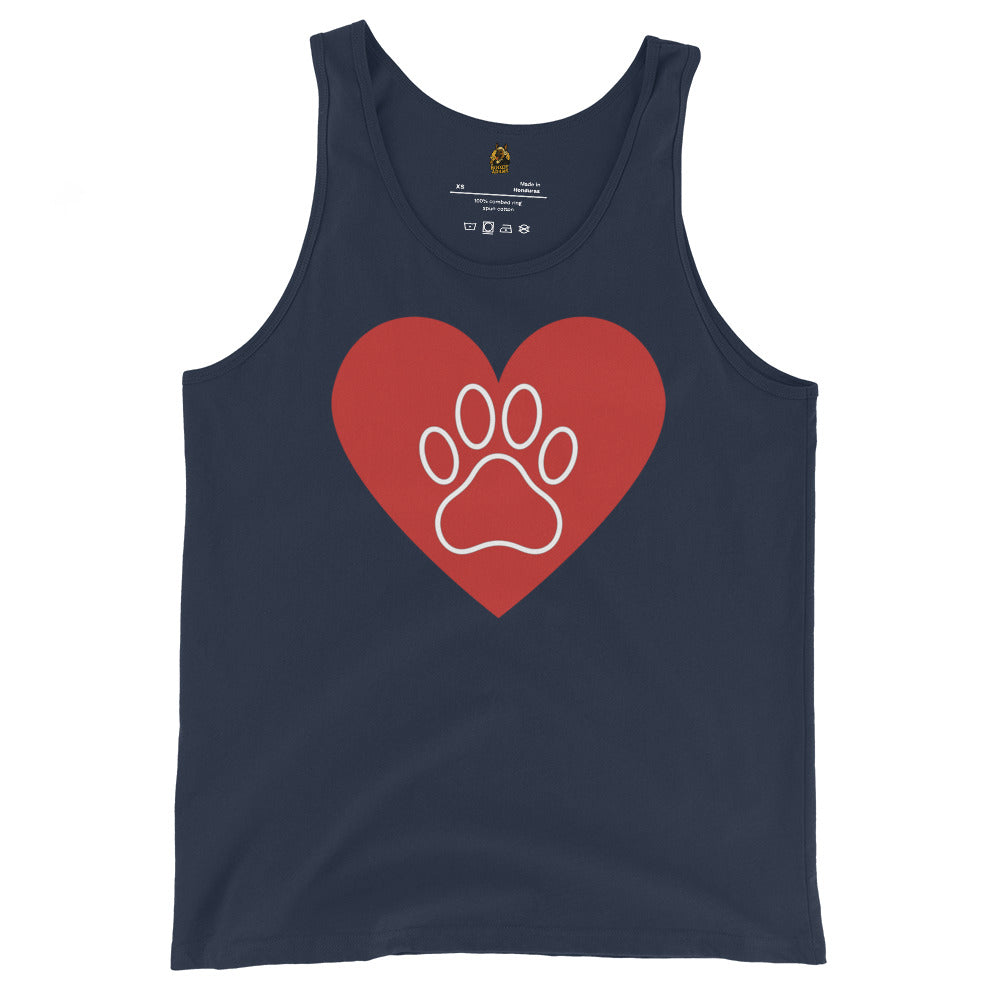 Navy unisex tank top with a red heart and white paw print design  – Boozie Adams