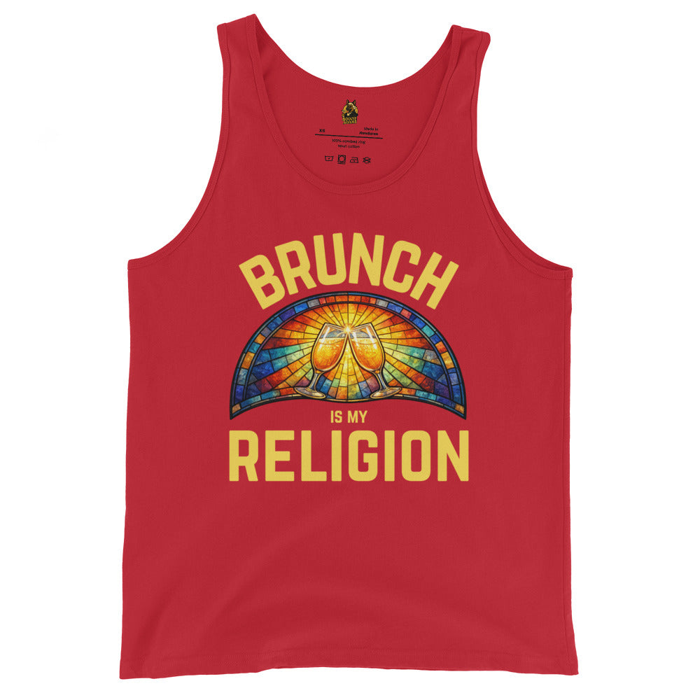 Red unisex tank top with 'Brunch is my Religion' graphic design – Boozie Adams
