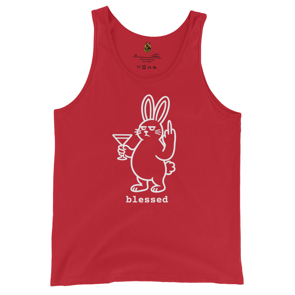 Red unisex tank top with a white graphic of a rabbit holding a martini glass while flipping the bird and the word 'blessed' – Boozie Adams