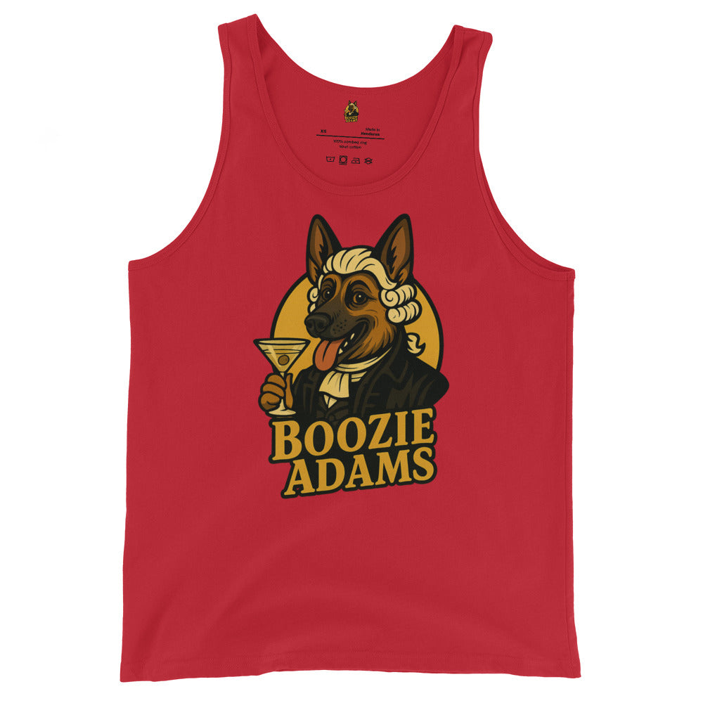Red unisex tank top with a graphic of a dog holding a martini glass and the text 'Boozie Adams' – Boozie Adams