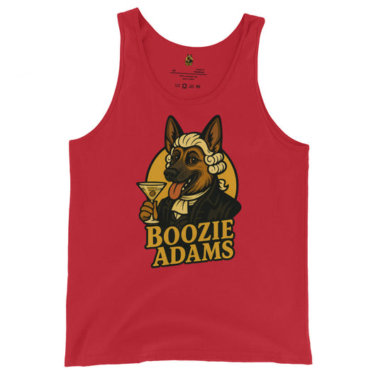 Red unisex tank top with a graphic of a dog holding a martini glass and the text 'Boozie Adams' – Boozie Adams