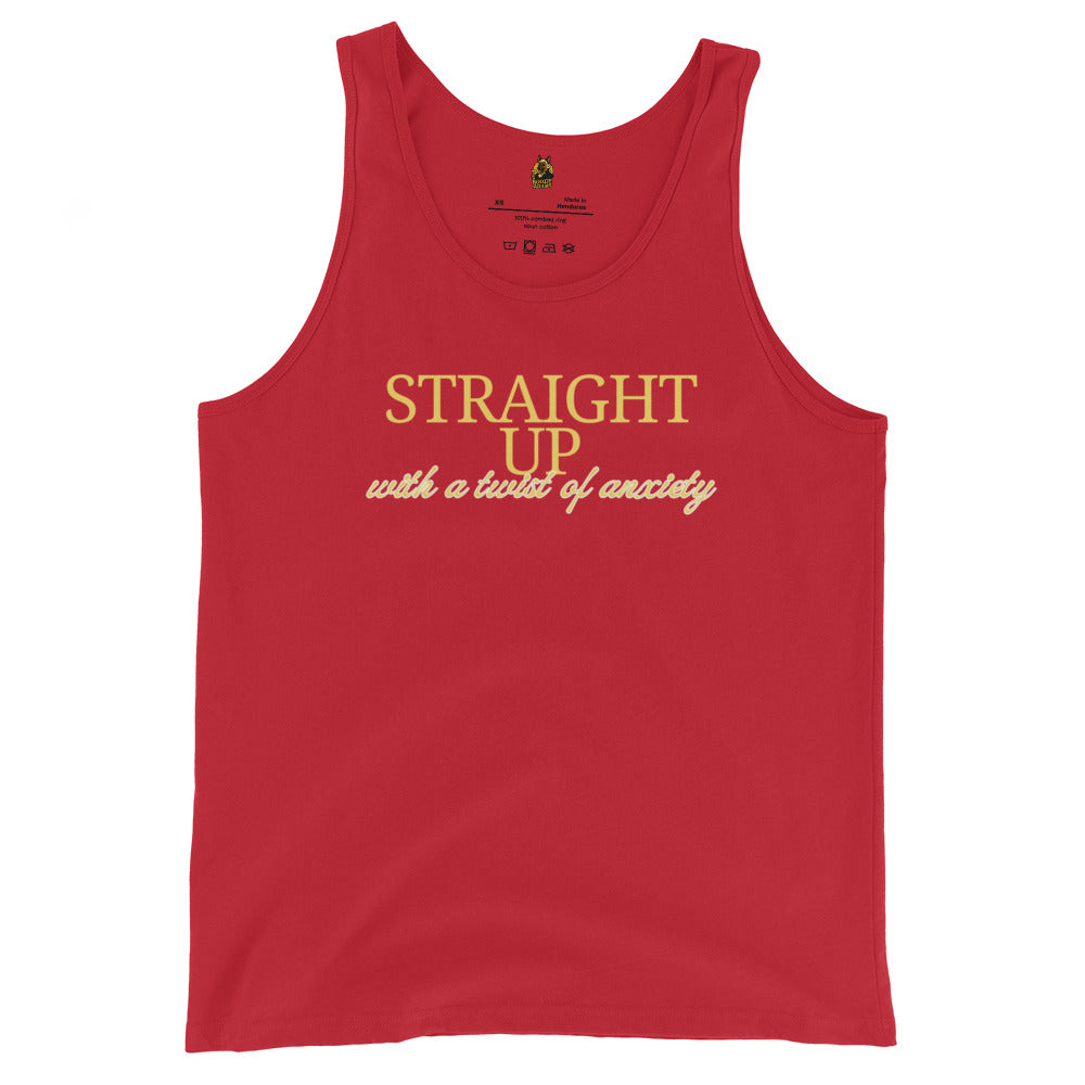Red unisex tank top with yellow text 'straight up with a twist of anxiety' – Boozie Adams