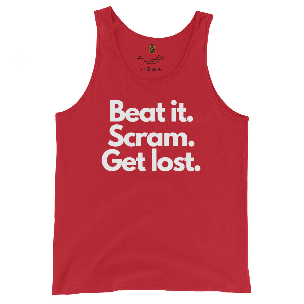 Red unisex tank top with white text 'Beat it. Scram. Get lost.' – Boozie Adams